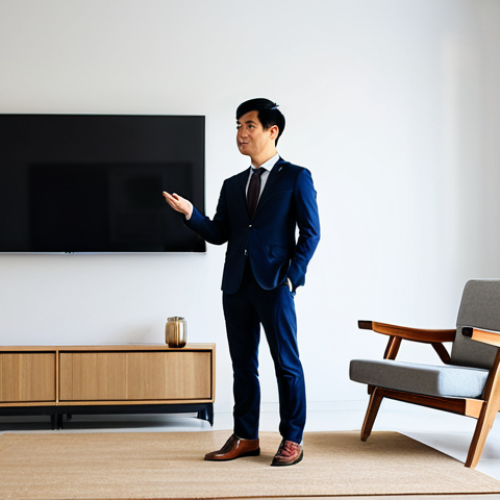 Home 16 A professional Vietnamese interior designer in a modest, professional business suit, standing confidently and gesturing towards a large digital display showcasing a modern living room design that harmonizes minimalist furniture with subtle traditional Vietnamese art pieces and abundant natural light. The background is a clean, contemporary design studio with a warm ambient glow. Perfect anatomy, correct proportions, natural pose, well-formed hands, proper finger count, natural body proportions, professional photography, high resolution, ultra-detailed, safe for work, appropriate content, fully clothed, modest, family-friendly.