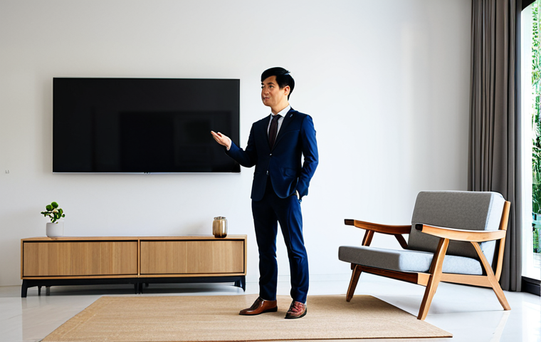 A professional Vietnamese interior designer in a modest, professional business suit, standing confidently and gesturing towards a large digital display showcasing a modern living room design that harmonizes minimalist furniture with subtle traditional Vietnamese art pieces and abundant natural light. The background is a clean, contemporary design studio with a warm ambient glow. Perfect anatomy, correct proportions, natural pose, well-formed hands, proper finger count, natural body proportions, professional photography, high resolution, ultra-detailed, safe for work, appropriate content, fully clothed, modest, family-friendly.