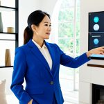 A confident female interior designer in her late 30s, of Vietnamese ethnicity, wearing a modest, stylish professional business suit. She stands confidently in a bright, modern interior design studio, gesturing towards a large digital display showing an intricate 3D architectural rendering of a sustainable smart home. The background features shelves with design awards, material samples of eco-friendly finishes, and a vibrant mood board. Natural light streams in from large windows, illuminating the space. Professional photography, hyper-realistic, sharp focus, excellent composition, high detail, perfect anatomy, correct proportions, natural pose, well-formed hands, proper finger count, natural body proportions, fully clothed, appropriate attire, modest clothing, professional dress, safe for work, appropriate content, professional.