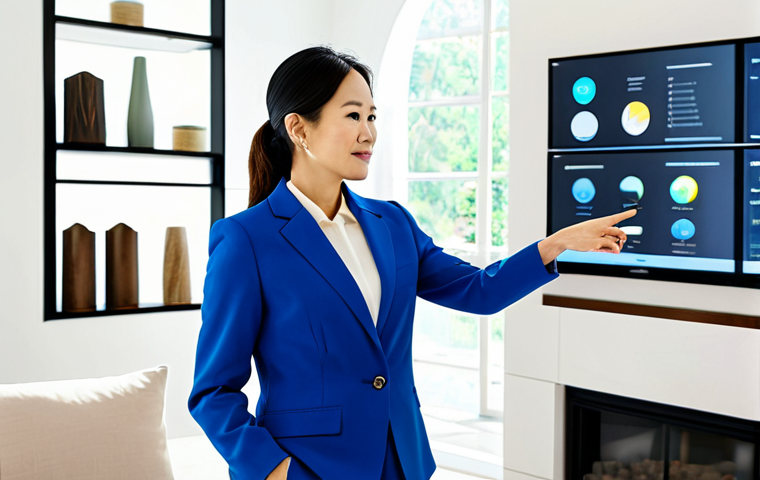 A confident female interior designer in her late 30s, of Vietnamese ethnicity, wearing a modest, stylish professional business suit. She stands confidently in a bright, modern interior design studio, gesturing towards a large digital display showing an intricate 3D architectural rendering of a sustainable smart home. The background features shelves with design awards, material samples of eco-friendly finishes, and a vibrant mood board. Natural light streams in from large windows, illuminating the space. Professional photography, hyper-realistic, sharp focus, excellent composition, high detail, perfect anatomy, correct proportions, natural pose, well-formed hands, proper finger count, natural body proportions, fully clothed, appropriate attire, modest clothing, professional dress, safe for work, appropriate content, professional.
