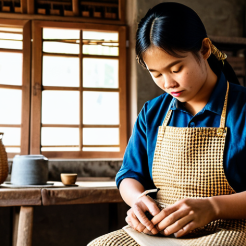 Home 14 A focused young Vietnamese artisan, male or female, in a modest work apron and simple, appropriate attire, meticulously crafting a unique, hand-woven rattan chair in a well-lit traditional workshop. Sunlight streams through a window, highlighting the natural textures of the wood and rattan. The background shows other distinct, high-quality furniture prototypes. The artisan is fully clothed, modest clothing, appropriate attire, professional dress, natural pose, perfect anatomy, correct proportions, well-formed hands, proper finger count, natural body proportions. The image is safe for work, appropriate content, family-friendly, professional photography, cinematic lighting, ultra detail, high quality.