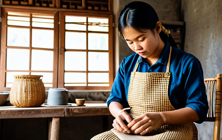 A focused young Vietnamese artisan, male or female, in a modest work apron and simple, appropriate attire, meticulously crafting a unique, hand-woven rattan chair in a well-lit traditional workshop. Sunlight streams through a window, highlighting the natural textures of the wood and rattan. The background shows other distinct, high-quality furniture prototypes. The artisan is fully clothed, modest clothing, appropriate attire, professional dress, natural pose, perfect anatomy, correct proportions, well-formed hands, proper finger count, natural body proportions. The image is safe for work, appropriate content, family-friendly, professional photography, cinematic lighting, ultra detail, high quality.