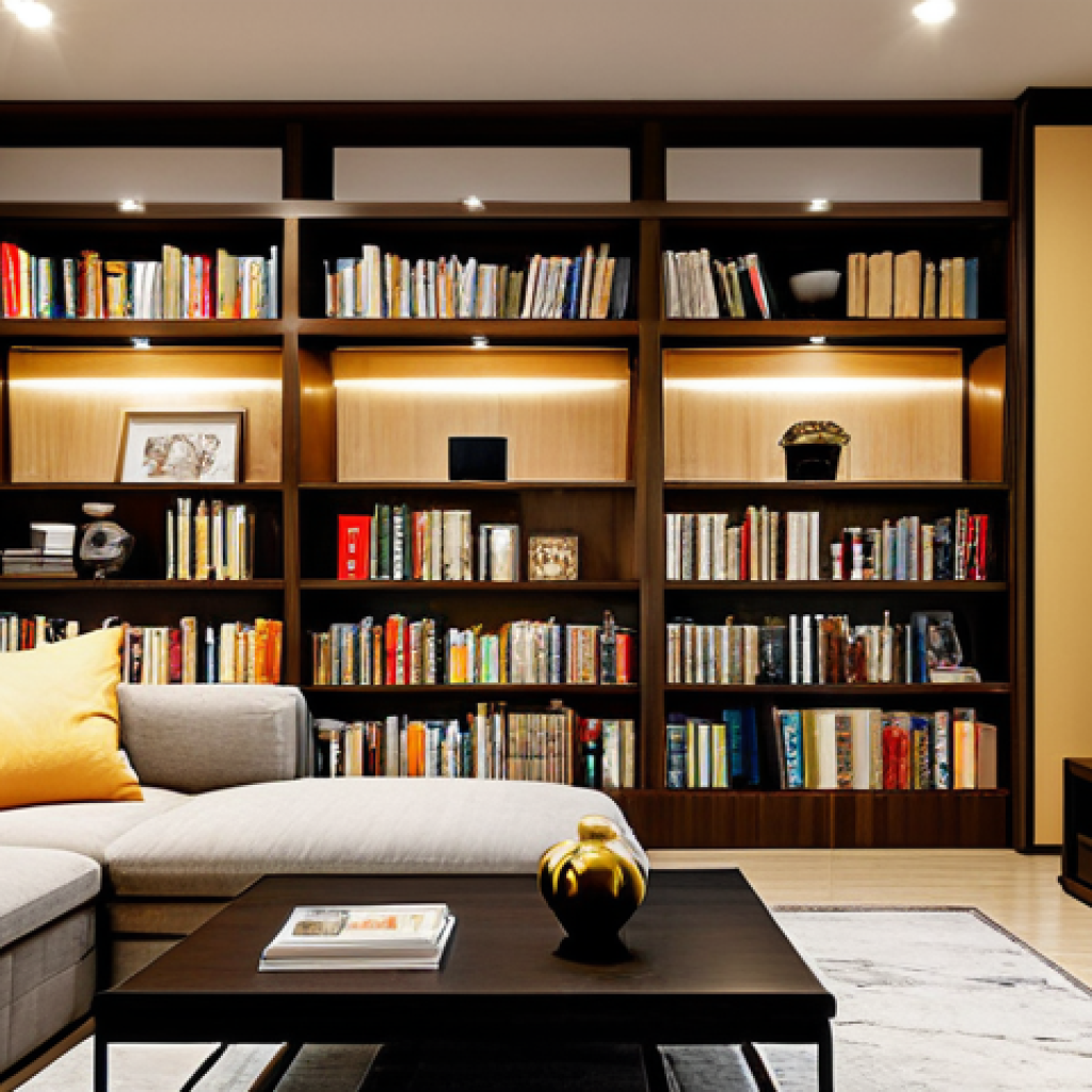 "A modern Vietnamese apartment living room, showcasing a tall bookshelf filled with books and decorative items, maximizing vertical space, fully clothed, appropriate attire, safe for work, perfect anatomy, natural proportions, professional photography, high quality, warm lighting, family-friendly"