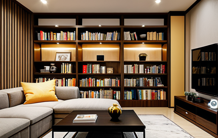 "A modern Vietnamese apartment living room, showcasing a tall bookshelf filled with books and decorative items, maximizing vertical space, fully clothed, appropriate attire, safe for work, perfect anatomy, natural proportions, professional photography, high quality, warm lighting, family-friendly"