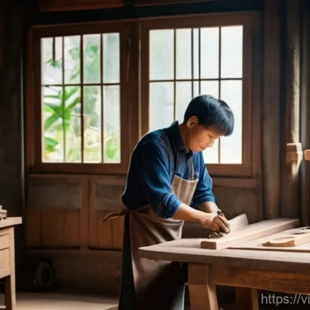 가구디자인 도제식 학습 사례 - **Prompt:** A warm, inviting image of a bustling traditional Vietnamese carpentry workshop. Sunlight...