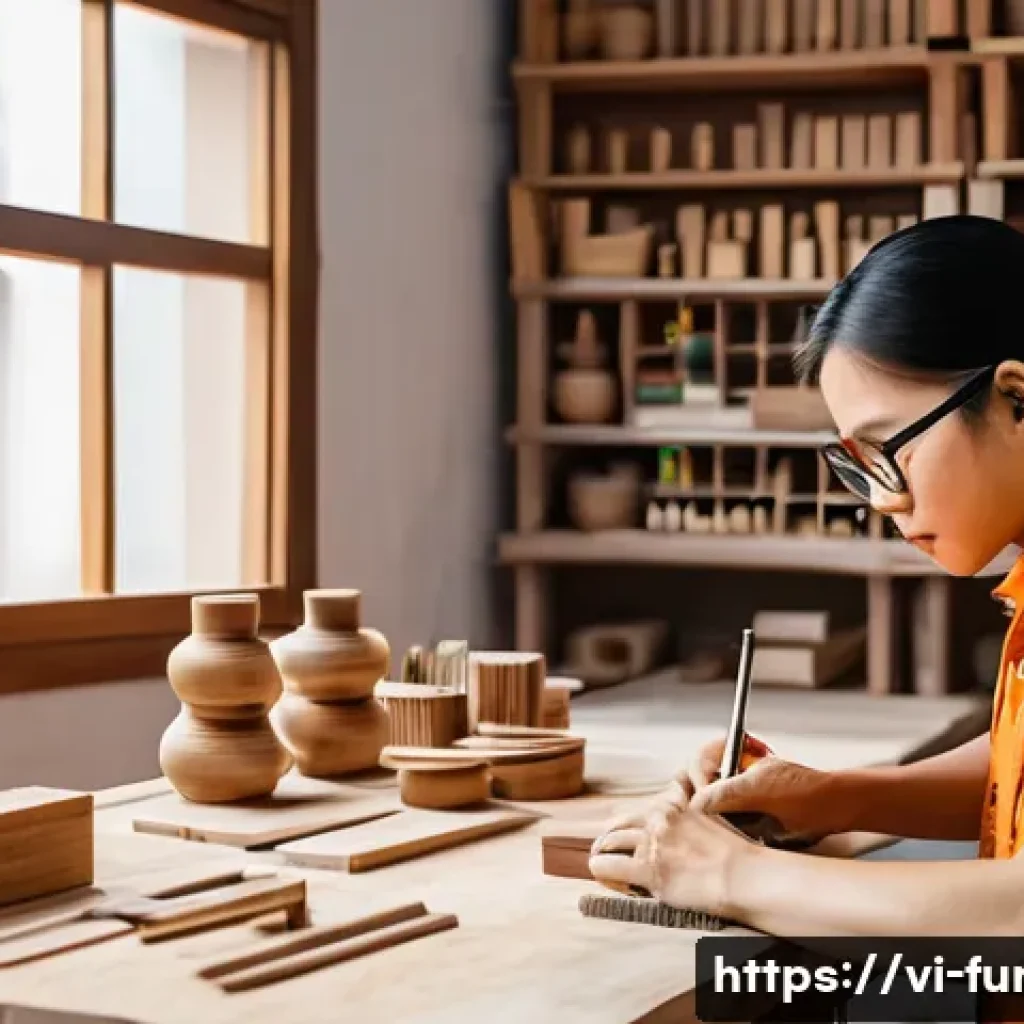 가구디자인 소규모 공방 운영법 - A cozy Vietnamese small interior design workshop scene, showcasing a skilled woodworker crafting uni...