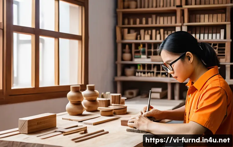가구디자인 소규모 공방 운영법 - A cozy Vietnamese small interior design workshop scene, showcasing a skilled woodworker crafting uni...