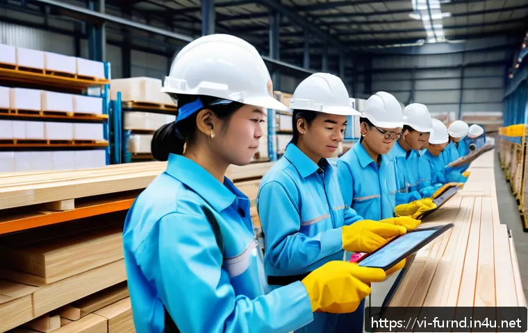 가구디자인 대량 생산 프로세스 - A modern Vietnamese furniture manufacturing facility interior, showcasing workers in safety gear ins...