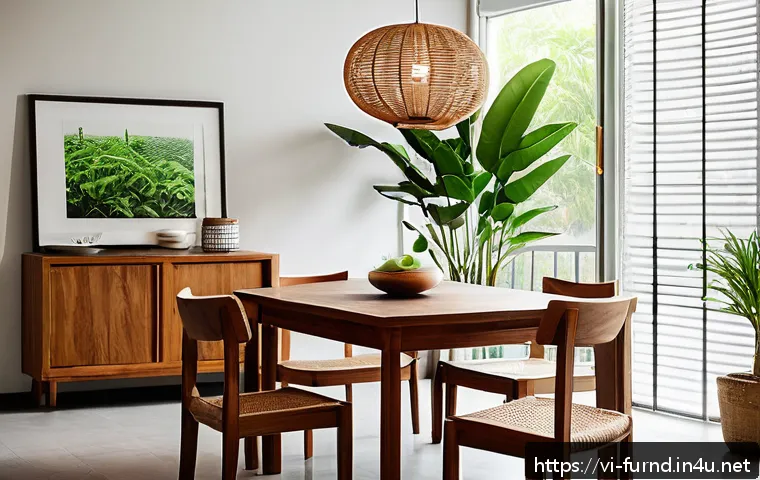 가구디자인 제품 매뉴얼 제작법 - A modern Vietnamese living room featuring natural wood furniture including a polished teak wood dini...