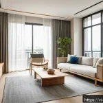 Home 19 가구디자인 직무 발전 가능성 - A modern minimalist living room interior design in a Vietnamese urban apartment, featuring clean lin...