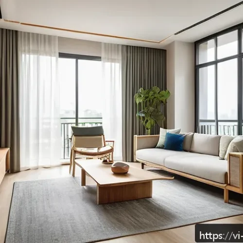 Home 31 가구디자인 직무 발전 가능성 - A modern minimalist living room interior design in a Vietnamese urban apartment, featuring clean lin...
