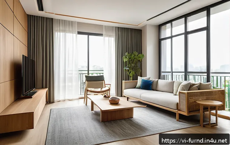 가구디자인 직무 발전 가능성 - A modern minimalist living room interior design in a Vietnamese urban apartment, featuring clean lin...