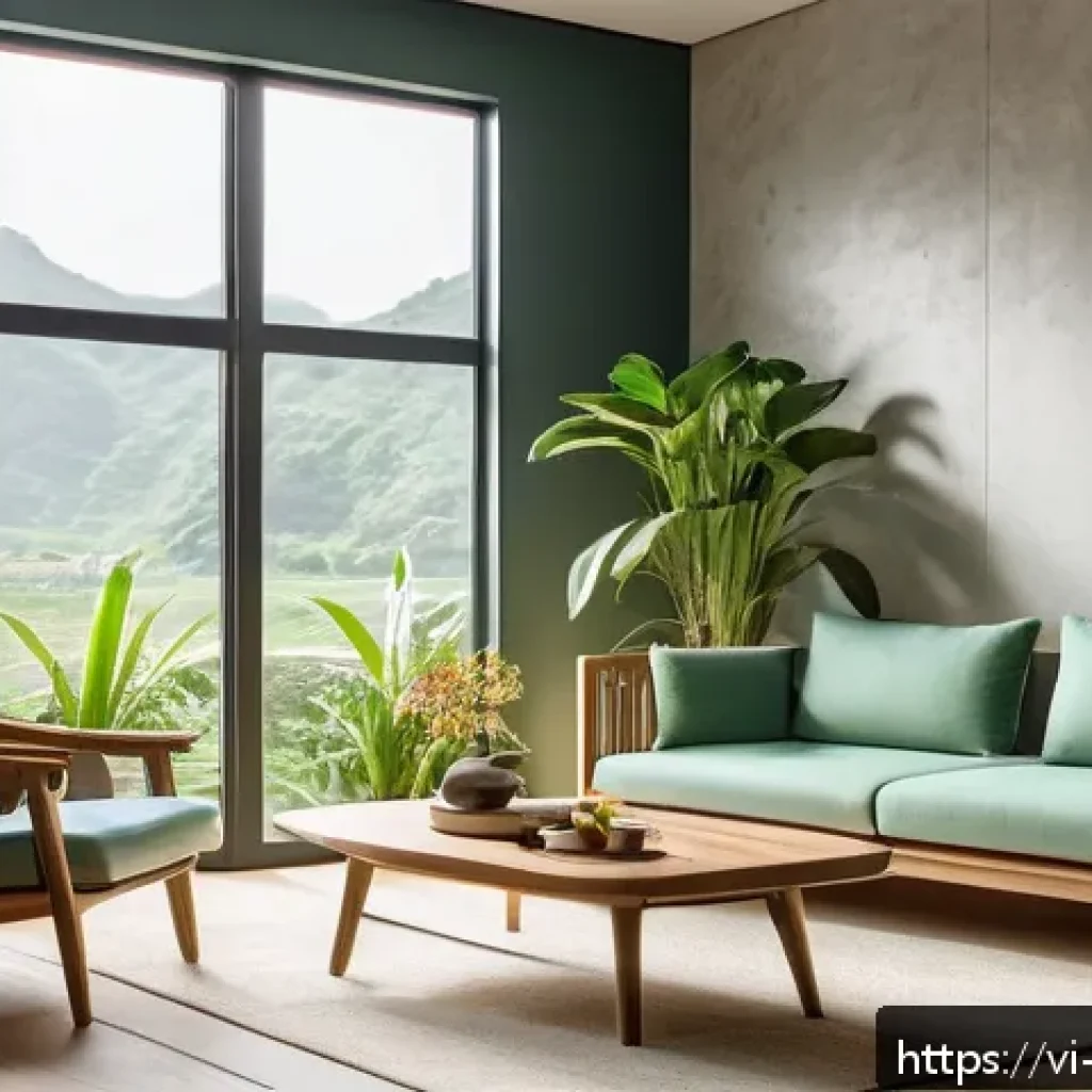 가구디자인의 미래 기술 트렌드 - A modern Vietnamese living room featuring eco-friendly recycled wood furniture and natural fiber uph...