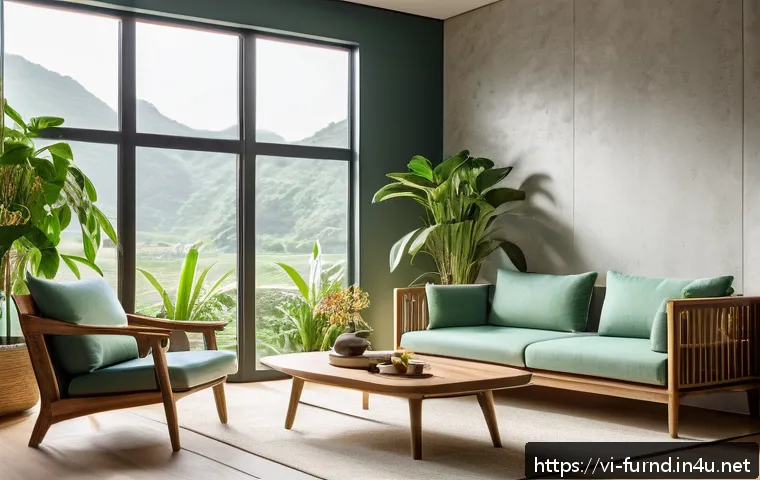 가구디자인의 미래 기술 트렌드 - A modern Vietnamese living room featuring eco-friendly recycled wood furniture and natural fiber uph...