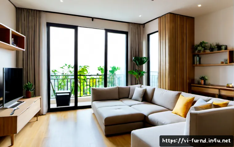 Home 17 가구디자인에서 공간 활용 팁 - Photorealistic compact Hanoi apartment living room designed for smart space use, wall-mounted modula...